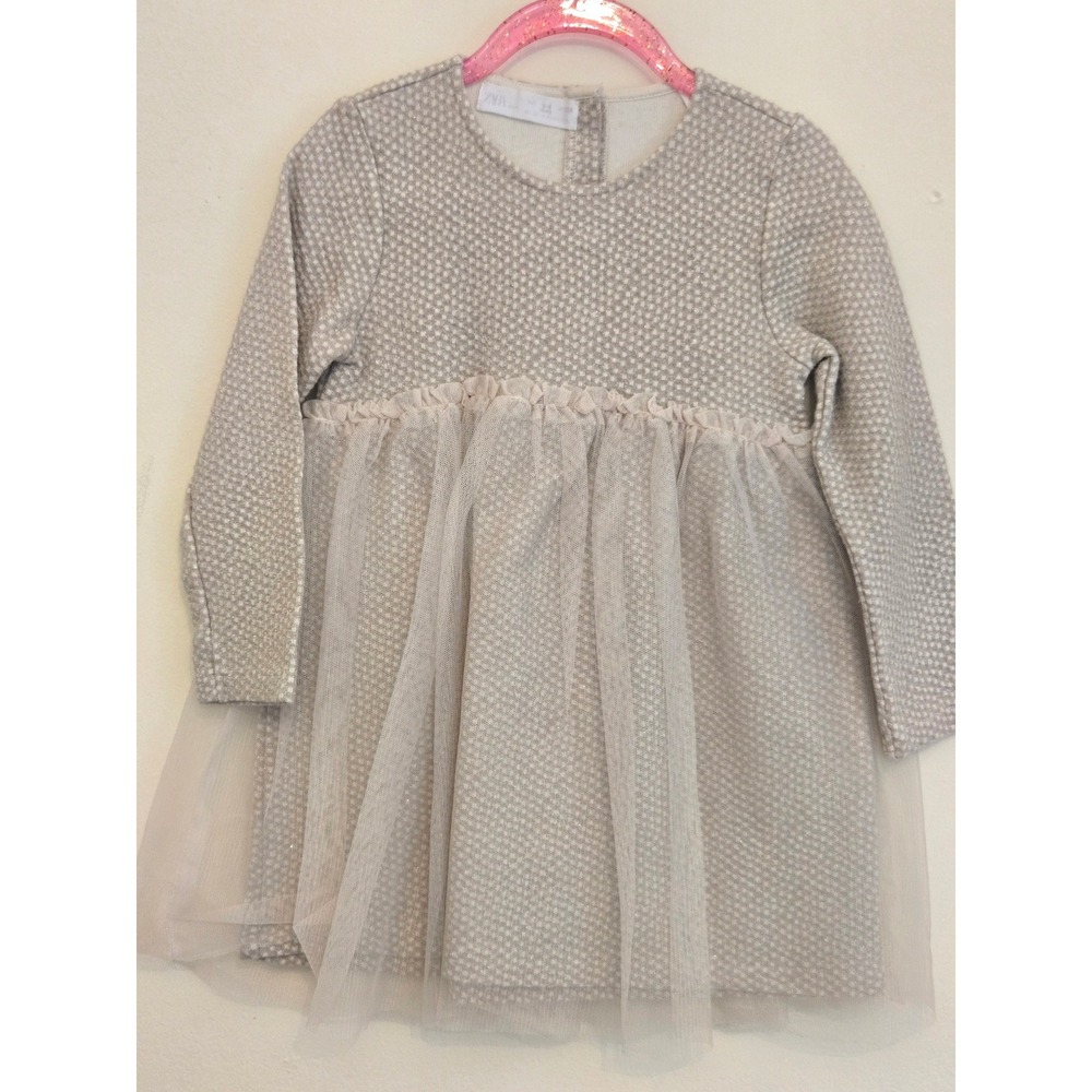 Zara Baby Girls Metallic Textured Tulle Dress Long Sleeve Silver‎ Pink Size 3-4Y